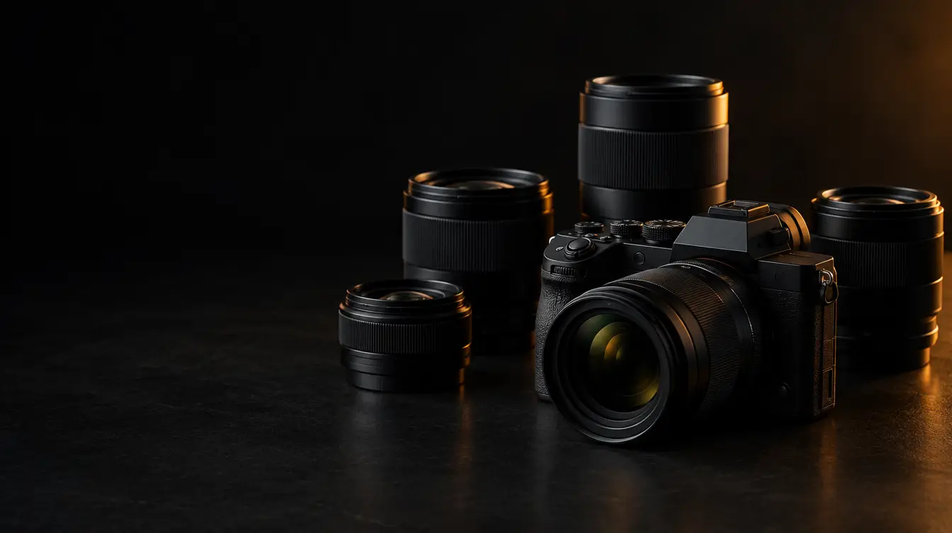 Mirrorless camera surrounded by interchangeable lenses in warm studio light